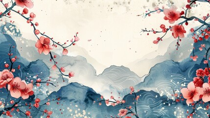 Japanese wave pattern with a camellia flower frame, elegant design, traditional Japanese art