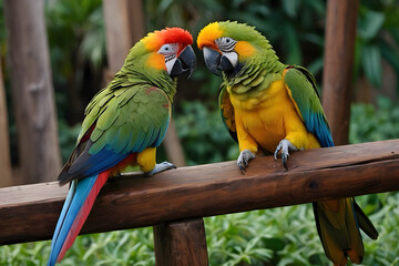 A pair of lovely parrots on a bench