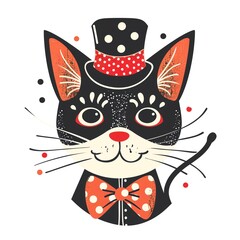 A cute black cat illustration wearing a polka dot hat and bow tie, perfect for cartoons, greeting cards, or festive designs.