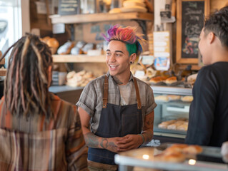 LGBTQ+ with vibrant colorful haircolor and hair style worker talking with customers in a small bakery. 