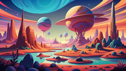 Surreal Alien Landscape with Colorful Planetary Bodies at Twilight