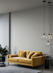 "Living room or reception room with a velvet yellow mustard color sofa. Empty gray wall background for art painted. Modern lounge interior design for office, hotel, or lounge with bright furniture. 3D