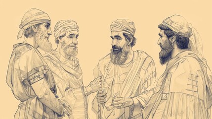 Fototapeta premium Biblical Illustration of 2 Kings 18: Reign of Hezekiah in Judah, Religious Reforms, Invasion of Sennacherib, Hezekiah's Trust in God for Deliverance on Beige Background with Copyspace