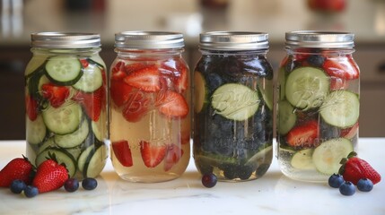 Photo of four mason jars filled with fruit-infused water, each containing different combinations of...
