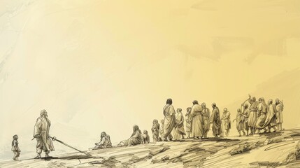 Biblical Illustration of 2 Samuel 21: Famine During David's Reign, Gibeonites' Revenge, Execution of Saul's Descendants, David's Battles with Philistines on Beige Background with Copyspace