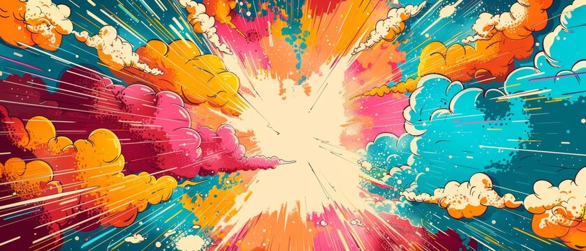 Colorful comic book burst with exaggerated clouds and action lines