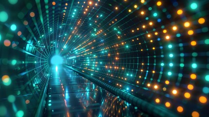 Naklejka premium Bright neon tunnel with green and blue lights, emphasizing the concepts of highspeed internet and data transmission