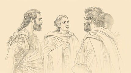 Fototapeta premium Biblical Illustration of Esther 4: Mordecai's Plea to Esther, Her Reluctance and Decision, Risking Her Life for Her People on Beige Background with Copyspace