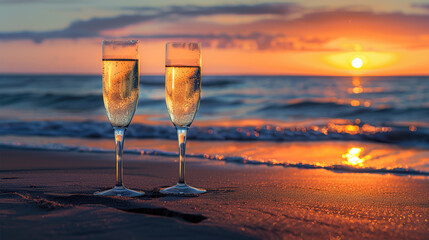 Two glasses of champagne on the beach at sunset, golden light and romantic atmosphere
