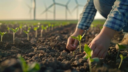 A single person standing near young plants growing from rich soil, with wind turbines towering in the background, symbolizing a commitment to green energy and sustainability