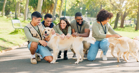 People, volunteer and happy with dogs at park for walk, care and support for community service in...