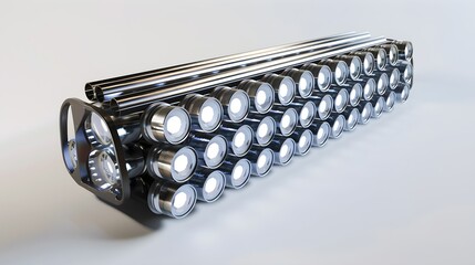 An EV battery module with cylindrical cells, depicted in a realistic style on a white background, representing energy storage technology. 3D Rendering