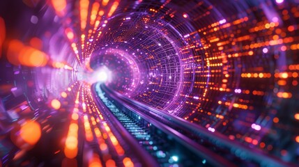 Obraz premium Abstract neon lights into digital technology tunnel