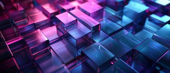Abstract geometric shapes of blue and purple glass rectangles on a dark background 3D rendering for modern tech design concepts