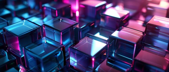 Abstract geometric shapes of blue and purple glass rectangles on a dark background 3D rendering for modern tech design concepts