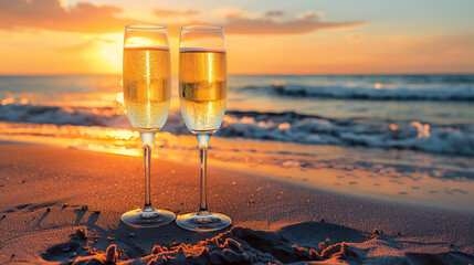 Two glasses of champagne on the beach at sunset, golden light and romantic atmosphere