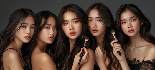 Obraz premium Asian woman with many hand professional beautician makeup artists. young girl makeup by makeup artist team,Beautiful woman face,Perfect makeup.