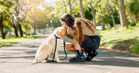 Park, kiss and woman with dog in nature for walking, playing and training outdoors together....