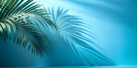 Cool Blue Wall with Palm Shadows Blur: A cool blue wall with soft, blurred palm leaf shadows, creating a refreshing and tranquil background.
