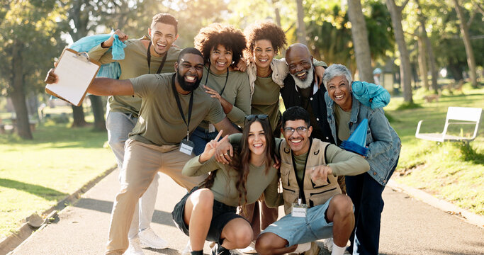 People, volunteer and happy together in nature, teamwork and environment sustainability project with group. Recycle, waste management and cleaning outside trash, help and ngo or community support