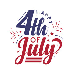 Happy 4th of July hand drawn lettering greeting card with celebration elements and red and blue calligraphy. 4th of July sticker, stamp, emblem. Fourth of July poster, banner, template, greeting card.