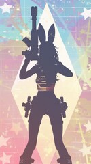 Fototapeta premium silhouette of bunny girl brandishing a laser cannon space opera theme top view preparing to fire digital tone triadic color scheme