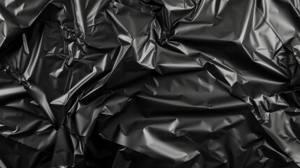 Close-up of crumpled black plastic sheet showcasing intricate textures and shadows