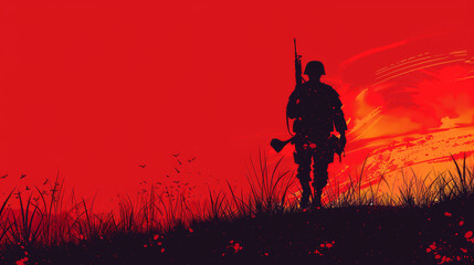 Soldier Silhouette Against Red Background