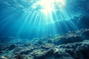 Blue ocean background with sunlight and undersea scene, beautiful blue ocean background with sunlight and undersea, AI-generated