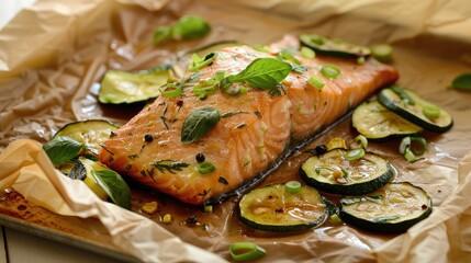 Fresh salmon baked with herbs zucchini and green onion in parchment - Powered by Adobe