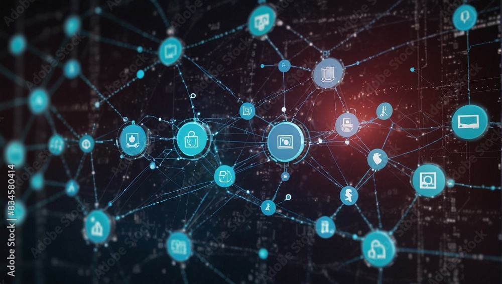 Poster digital network connections and cybersecurity icons on a dark background