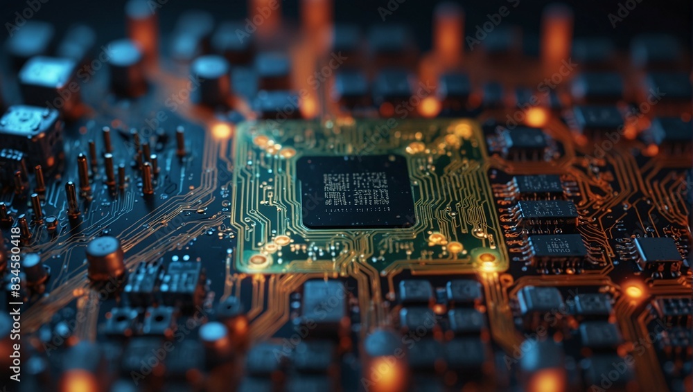 Poster close-up of a computer microchip with glowing circuits and electronic components