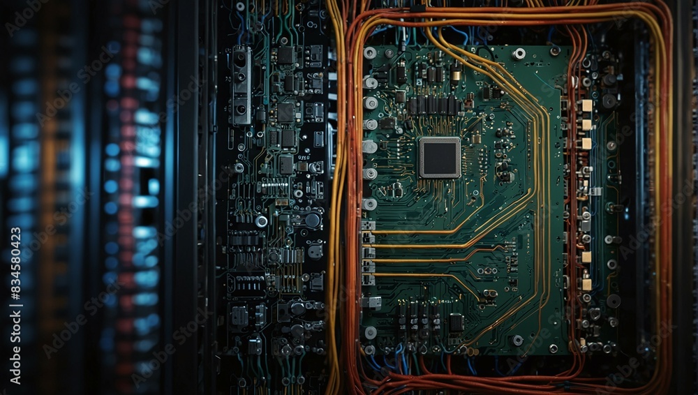 Poster detailed close-up of server hardware with circuit boards and colorful wiring in a data center