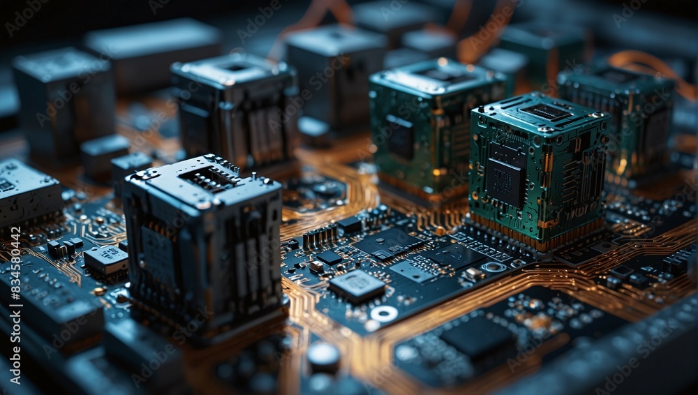 Poster close-up of advanced computer hardware with complex circuitry and electronic components