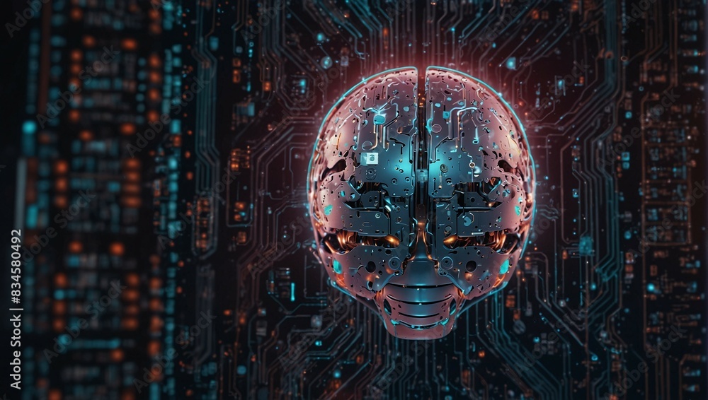 Poster ai cybernetic brain with glowing components and futuristic circuit background