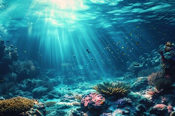 Fototapeta premium Blue ocean background with sunlight and undersea scene, beautiful blue ocean background with sunlight and undersea, AI-generated