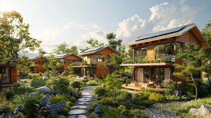 Obraz premium An ecofriendly village with homes powered by sustainable energy, nestled in a picturesque natural environment