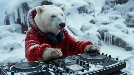 Cool Polar Bear DJ Playing Music in Snowy Landscape