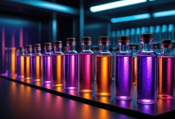 Illustrate an array of slender glass vials with effervescent solutions, each sealed with a sleek metal top, under the glow of ultraviolet light in a modern research facility.