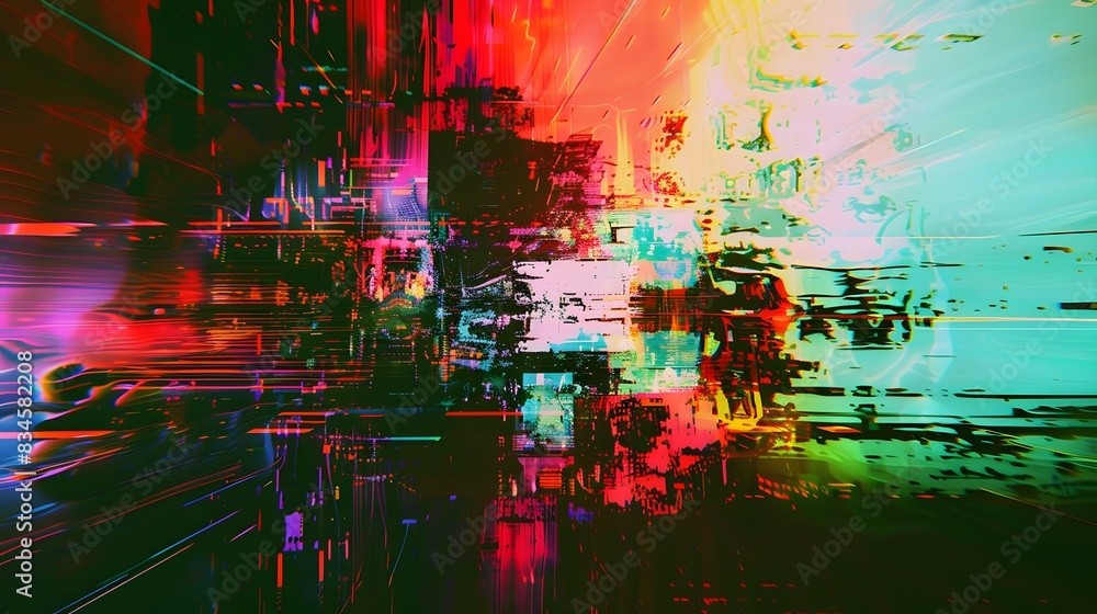 Poster a dynamic abstract digital art piece with glitch effects and vibrant colors, creating an intense and