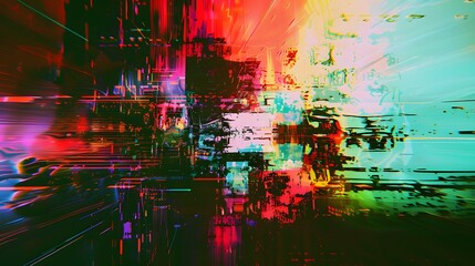 A dynamic abstract digital art piece with glitch effects and vibrant colors, creating an intense and chaotic visual experience.
