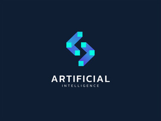 Fototapeta premium Artificial intelligence with letter s geometric square network technology Analysis logo vector design concept. AI technology logotype symbol for advance technology, tech company, ui, online network. 