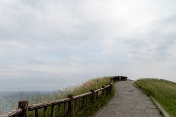 View of the walkway at the seaside on a cloudy day