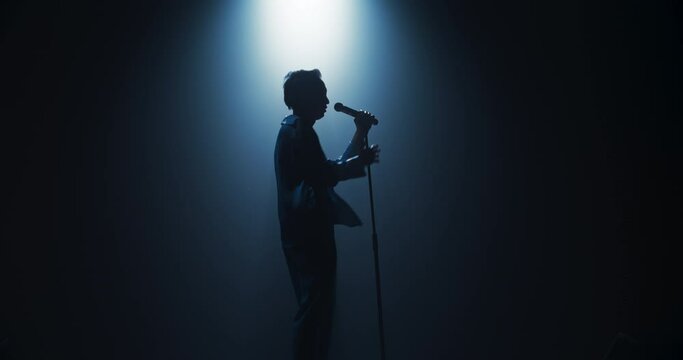 Portrait of a Male Pop Artist Performing Passionately on Stage with Low Key Lighting. Singer with Powerful Vocals and Expressive Gestures Singing a Song in a Dark, Atmospheric Music Hall