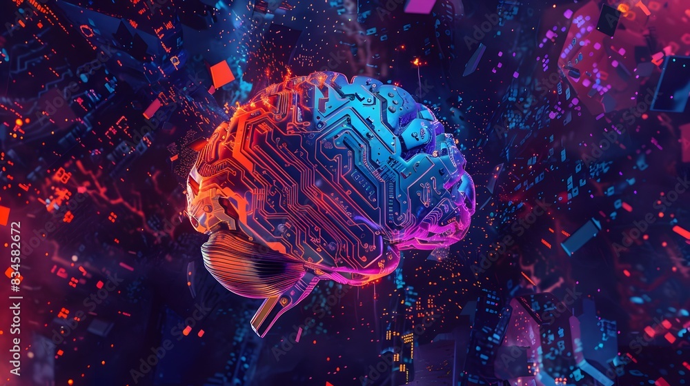 Poster a futuristic representation of a brain with digital circuitry and neon colors, symbolizing the inter