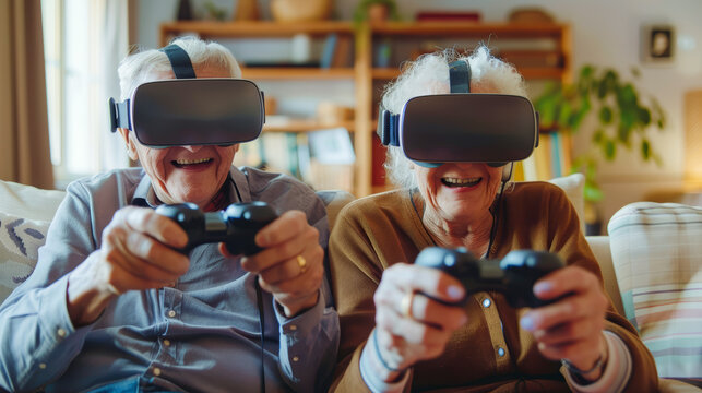 Senior Couple Enjoying Virtual Reality Gaming at Home