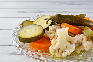 メキシコの野菜のエスカベーチェ  コピースペースあり　
Escabeche,Mexican Pickled Vegetables（Verduras en escabeche,Escabeche de verduras) with copy space

