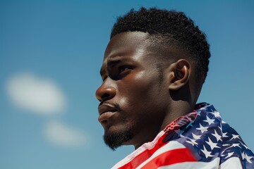 Obraz premium Portrait of a young man wrapped in an American flag, looking determined under a bright blue sky. Concept of patriotism and pride.