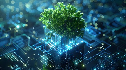 A green tree growing on a digital circuit board, symbolizing the blend of nature and technology in a futuristic concept.