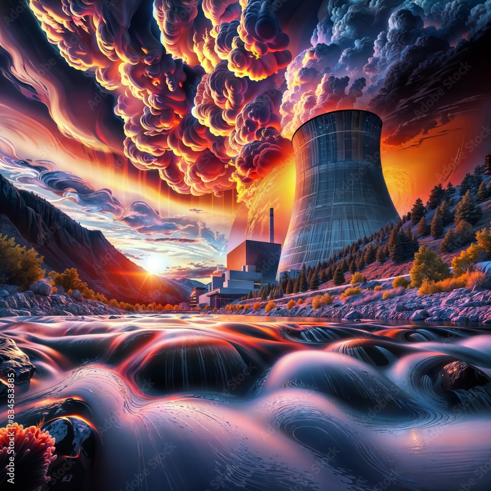 Wall mural a nuclear power plant with a river in the foreground and a dramatic sunset with clouds in the sky. - Wall murals